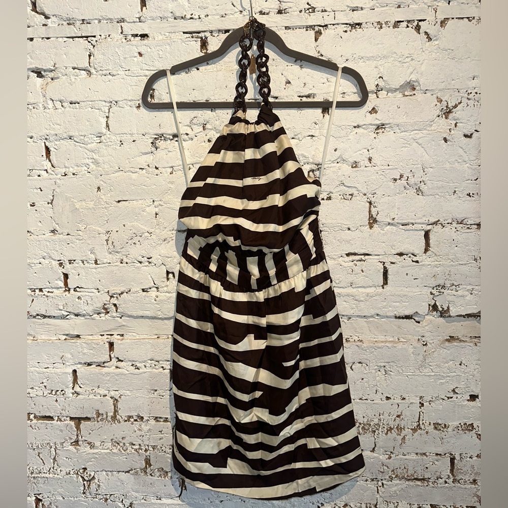 Milly Zebra Print Brown and Cream Backless Halter Cocktail Dress 100% Silk